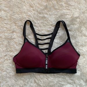 Pink gym front zip racer back sports bra